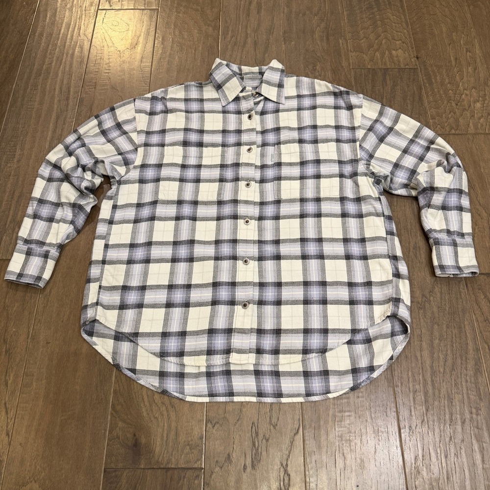Levi Strauss Silver Tab‎ Plaid Flannel Shirt Womens Size S Cream Oversized - Picture 2 of 8